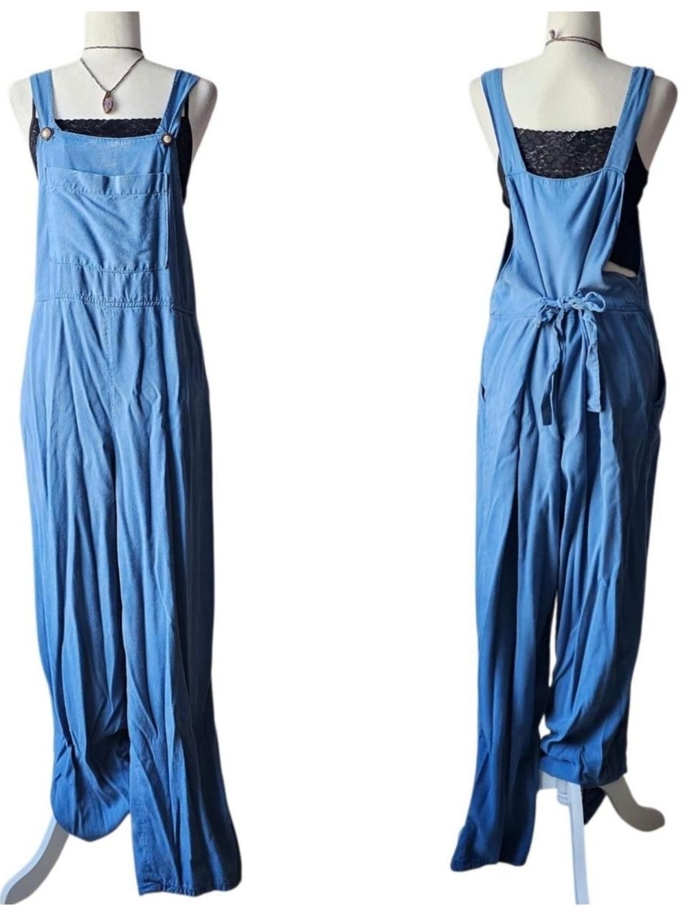 Vintage Boho Blue Wide-Leg Jumpsuit Overalls With Tie Back Waist
